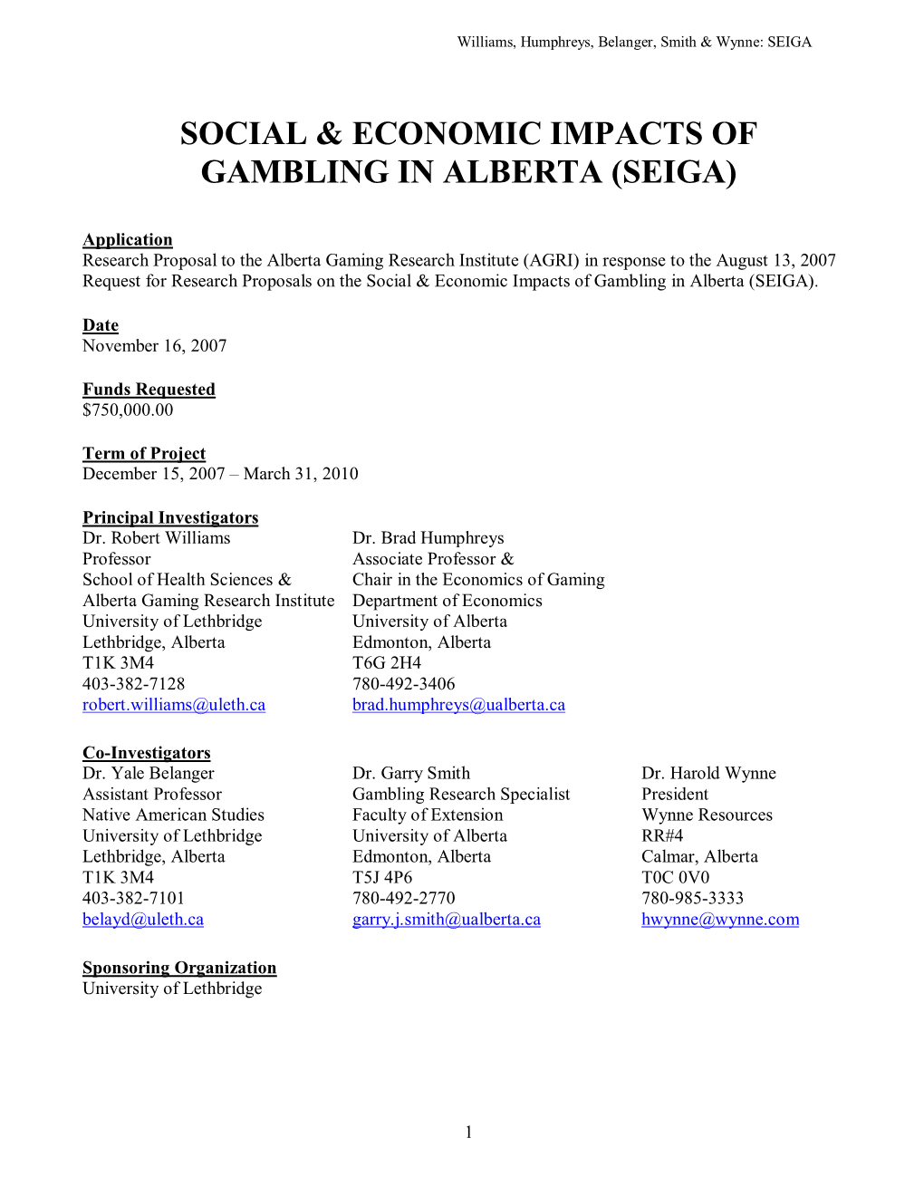 Social & Economic Impacts of Gambling in Alberta (Seiga)