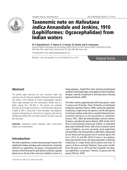 Taxonomic Note on Halieutaea Indica Annandale and Jenkins, 1910 (Lophiiformes: Ogcocephalidae) from Indian Waters