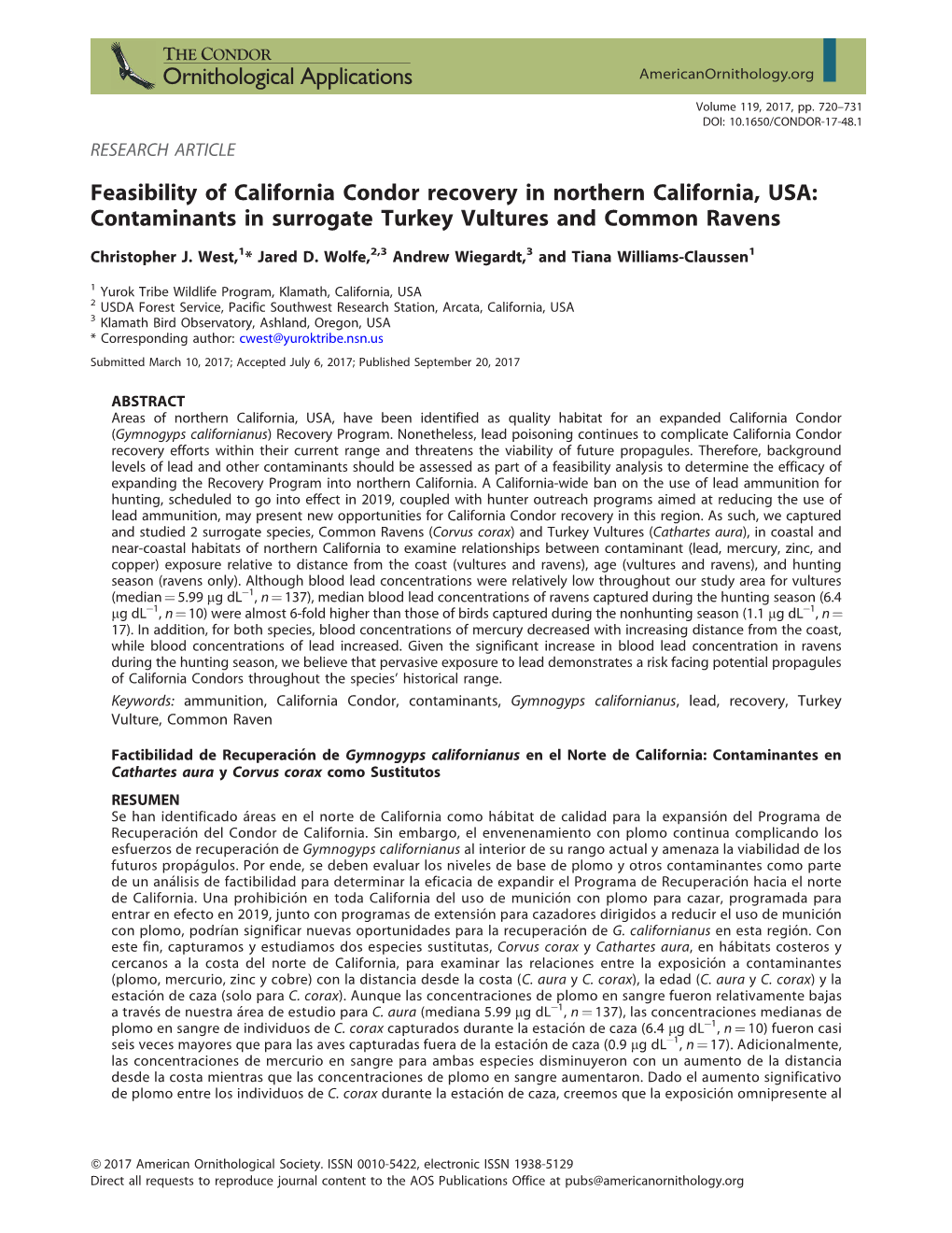 Feasibility of California Condor Recovery in Northern California, USA: Contaminants in Surrogate Turkey Vultures and Common Ravens