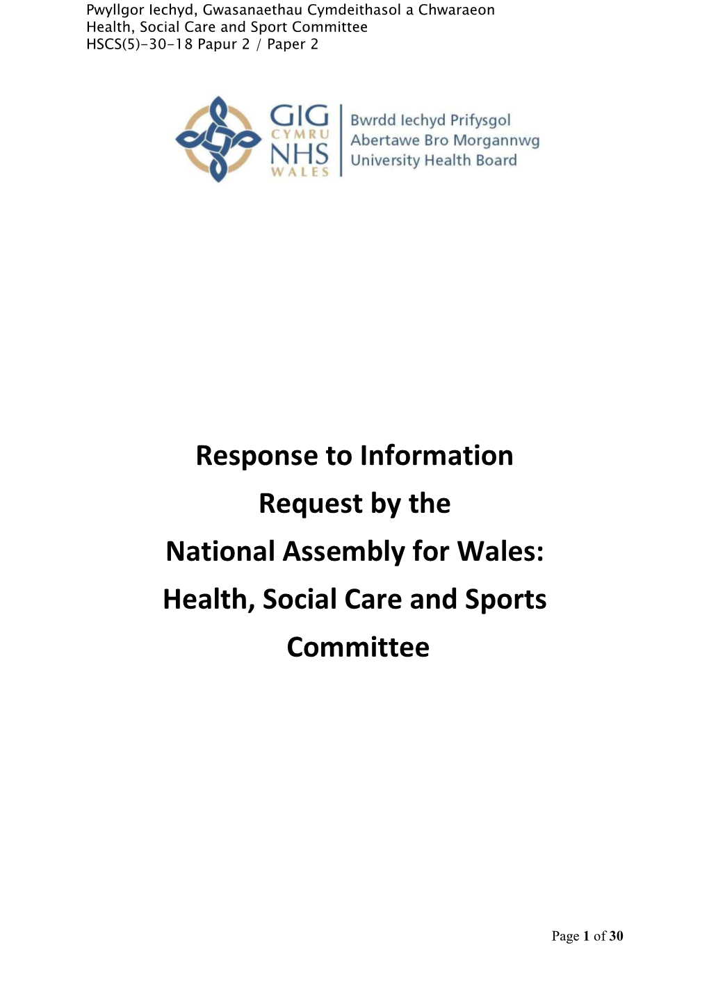 Response to Information Request by the National Assembly for Wales: Health, Social Care and Sports Committee