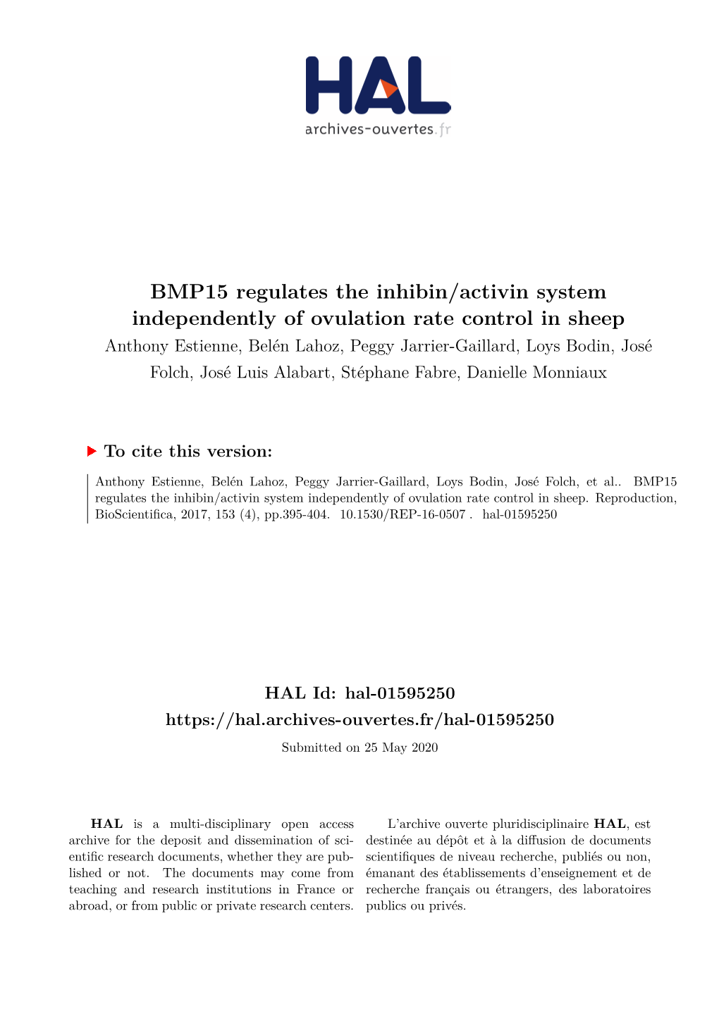 BMP15 Regulates the Inhibin/Activin System