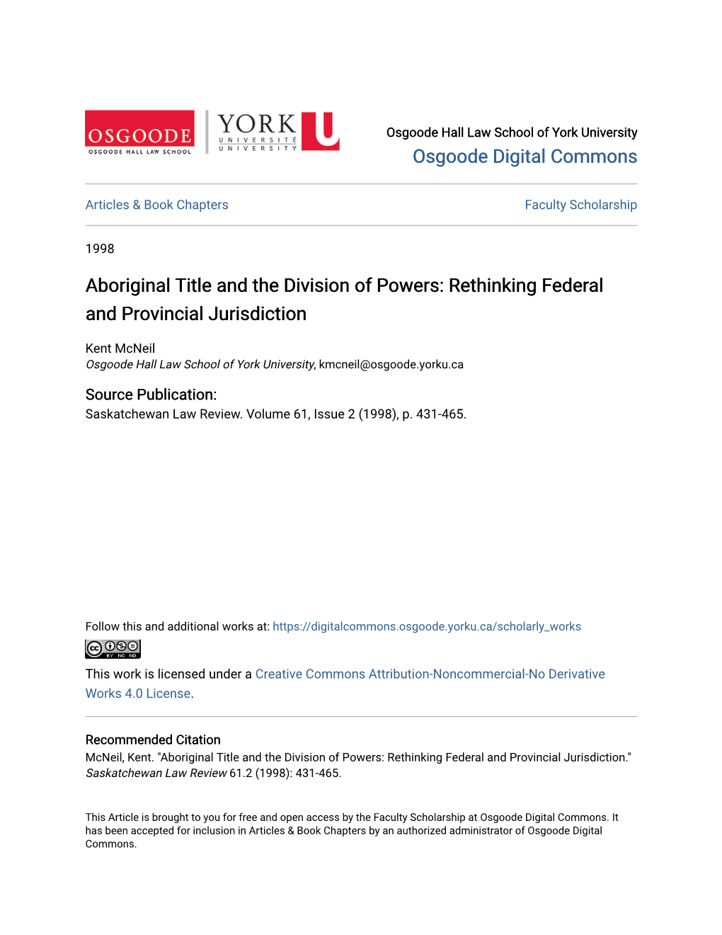 Aboriginal Title and the Division of Powers: Rethinking Federal and Provincial Jurisdiction