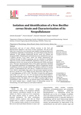Isolation and Identification of a New Bacillus Cereus Strain and Characterization of Its Neopullulanase