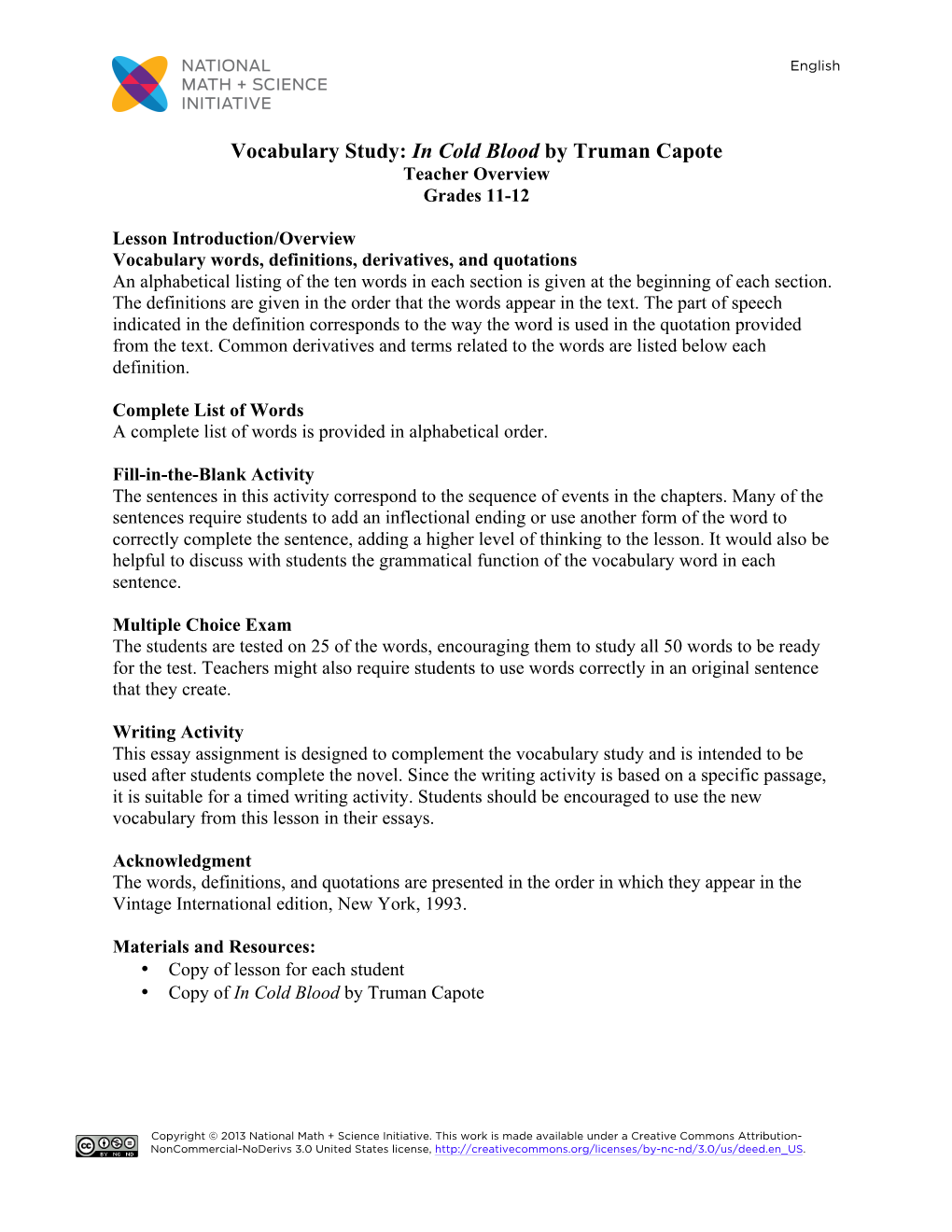 Vocabulary Study: in Cold Blood by Truman Capote Teacher Overview Grades 11-12