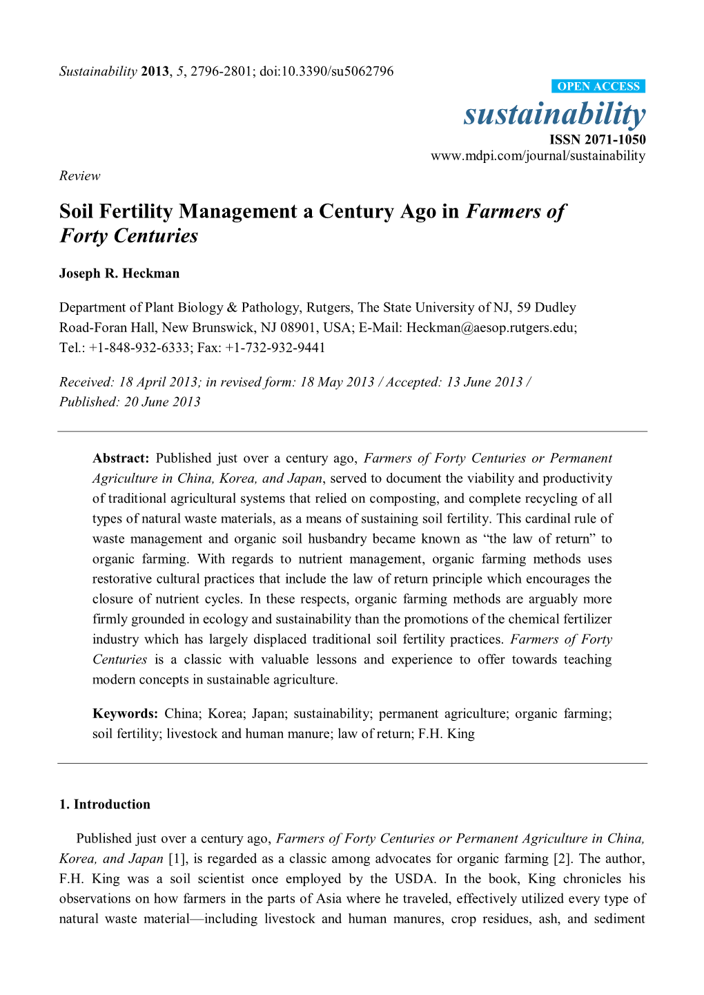 Soil Fertility Management a Century Ago in Farmers of Forty Centuries
