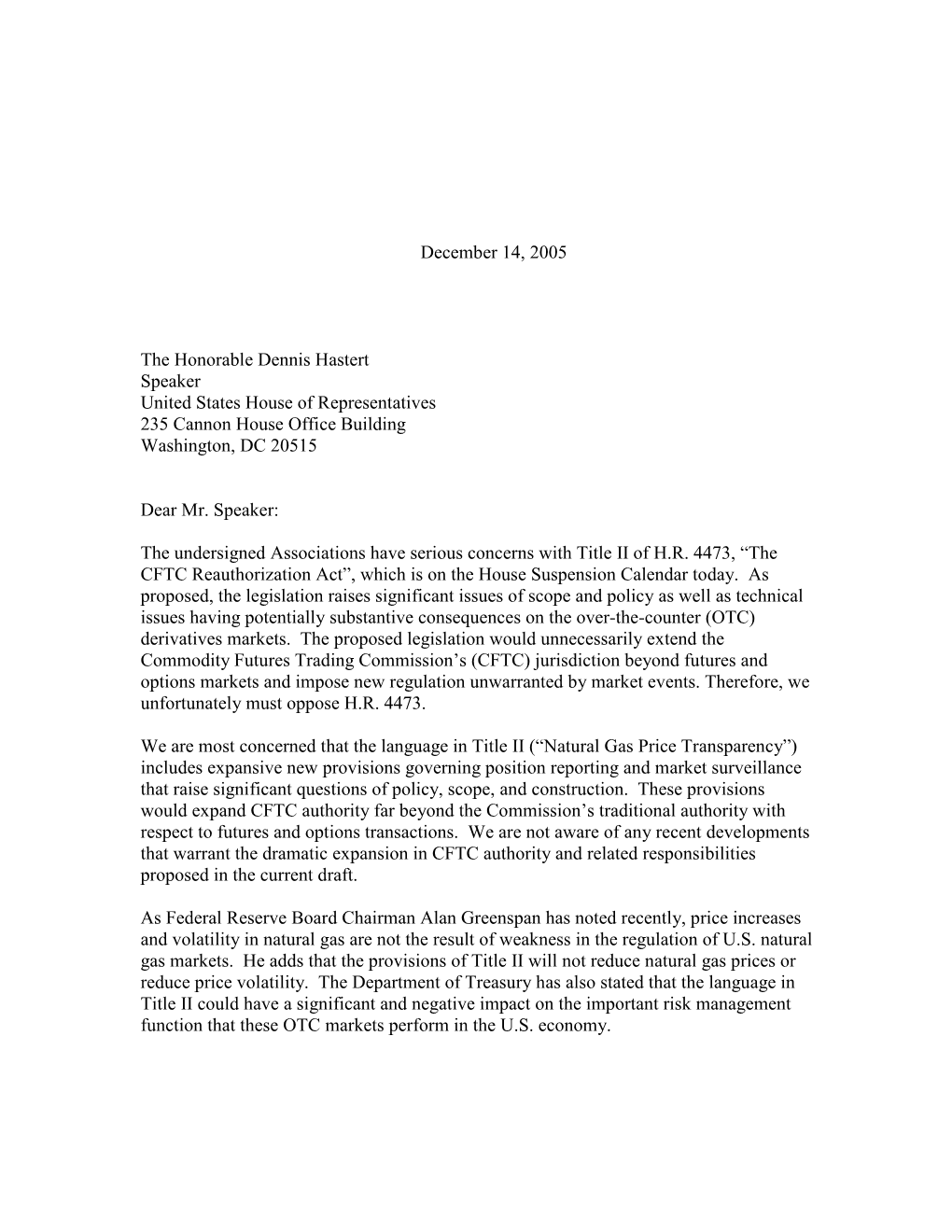 Joint Industry Letter to Speaker Hastert on HR 4473 The