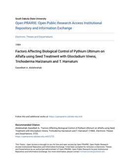 Factors Affecting Biological Control of Pythium Ultimum on Alfalfa Using Seed Treatment with Gliocladium Virens, Trichoderma Harzianum and T