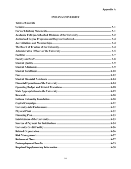 Appendix a INDIANA UNIVERSITY Table of Contents General