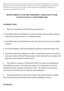 This Document Does Not Purport to Provide a Prosecutable Case Against Usama Bin Laden in a Court of Law