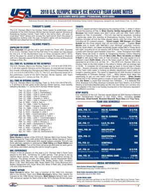 2018 U.S. Olympic Men's Ice Hockey Team Game Notes 2018 Olympic Winter Games | Pyeongchang, South Korea