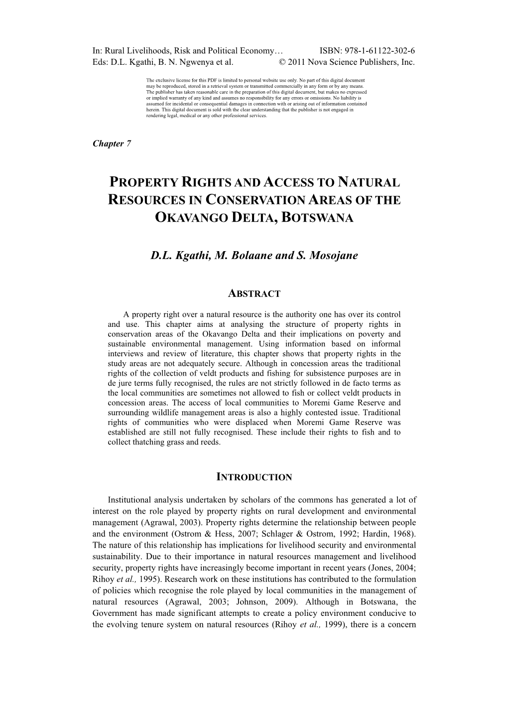 Property Rights and Access to Natural Resources in Conservation Areas of the Okavango Delta, Botswana