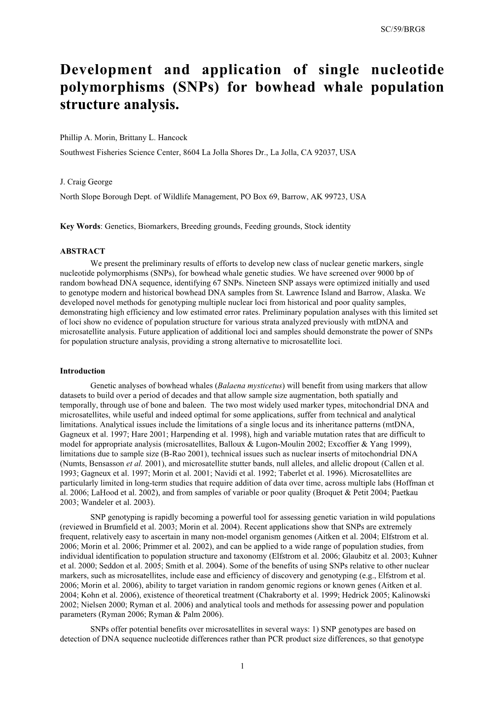 (Snps) for Bowhead Whale Population Structure Analysis