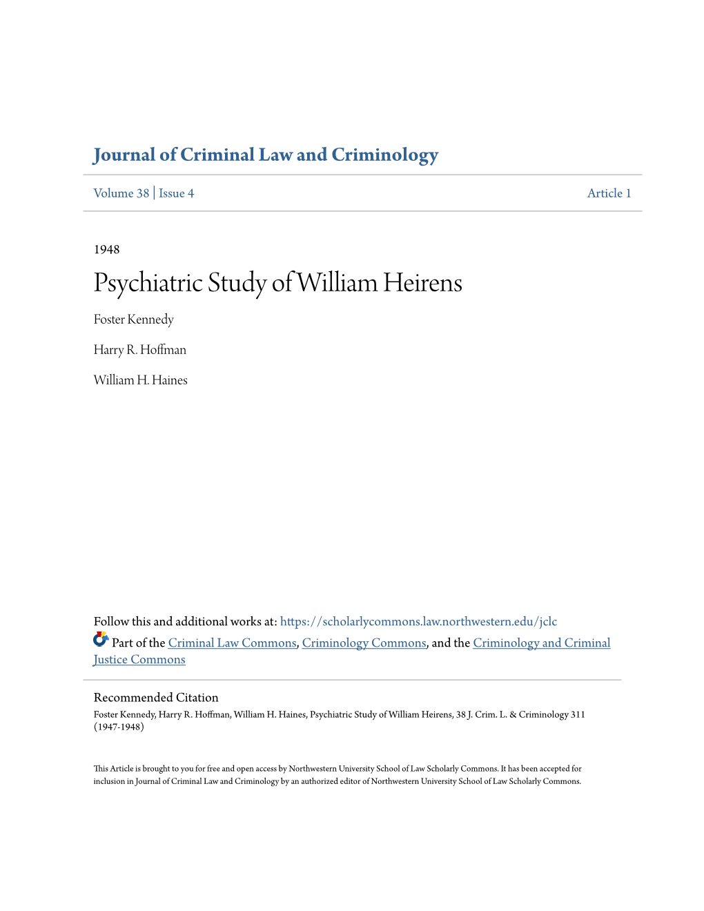 Psychiatric Study of William Heirens Foster Kennedy