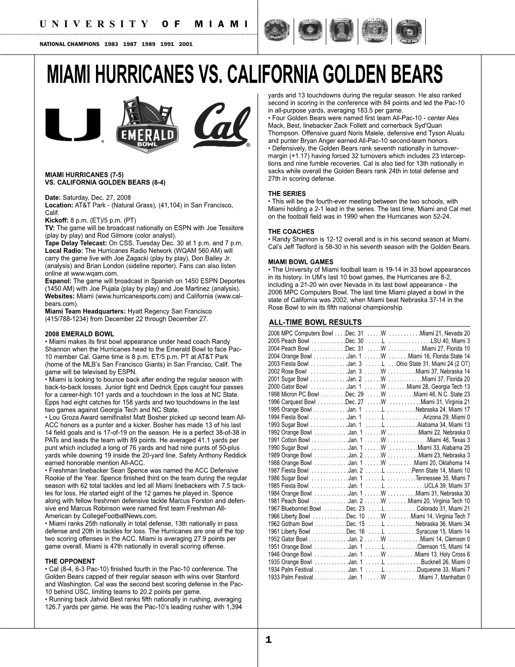 MIAMI HURRICANES VS. CALIFORNIA GOLDEN BEARS Yards and 13 Touchdowns During the Regular Season