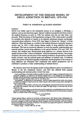 DEVELOPMENT of the DISEASE MODEL of DRUG ADDICTION in BRITAIN, 1870-1926 by TERRY M