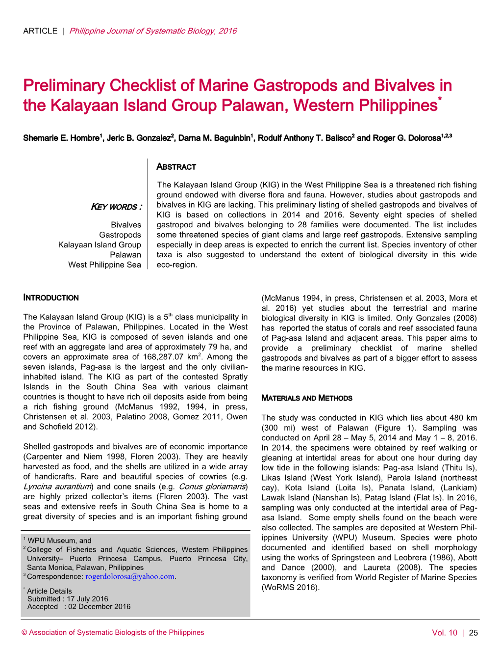 Preliminary Checklist of Marine Gastropods and Bivalves in the Kalayaan Island Group Palawan, Western Philippines*