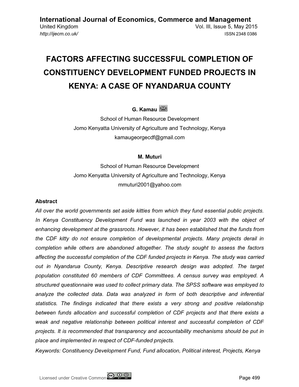 Factors Affecting Successful Completion of Constituency Development Funded Projects in Kenya: a Case of Nyandarua County