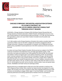 Chicago Symphony Orchestra Association Extends Yo-Yo Ma’S Contract As Judson and Joyce Green Creative Consultant Through 2016/17 Season