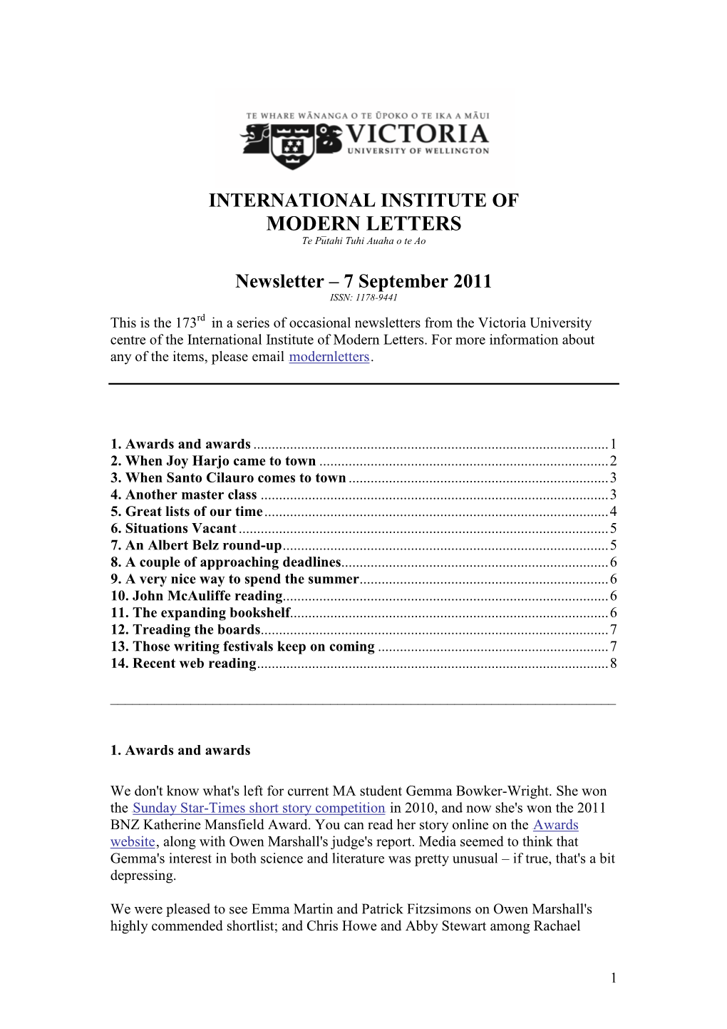 Newsletter – 7 September 2011 ISSN: 1178-9441