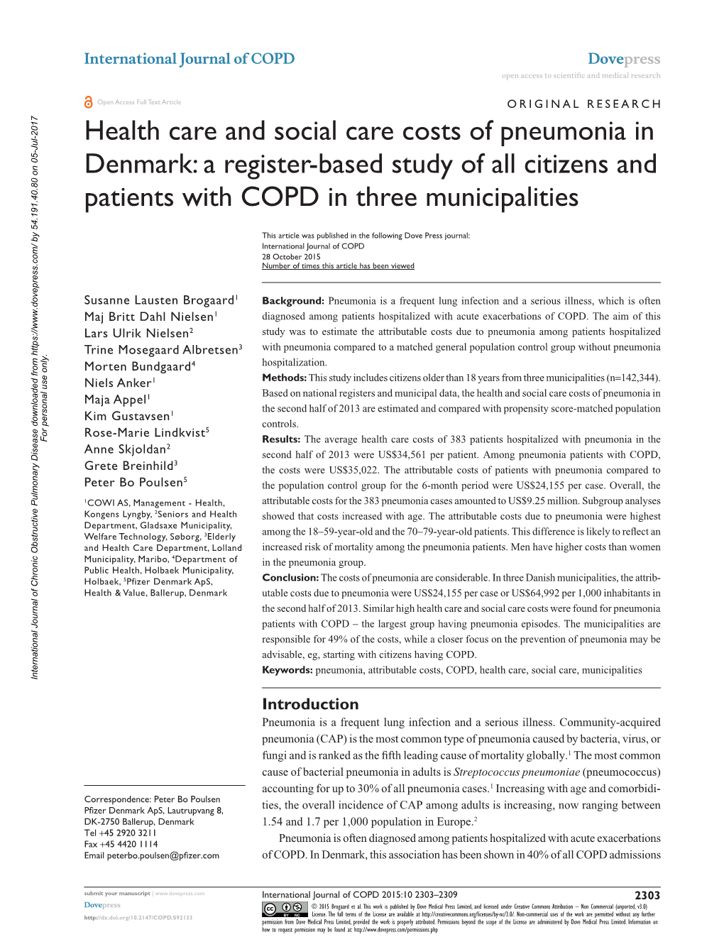 Health Care and Social Care Costs of Pneumonia in Denmark: a Register-Based Study of All Citizens and Patients with COPD in Three Municipalities