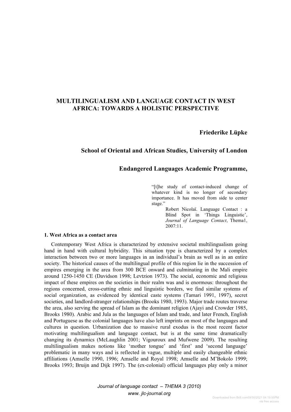 Multilingualism and Language Contact in West Africa: Towards a Holistic Perspective