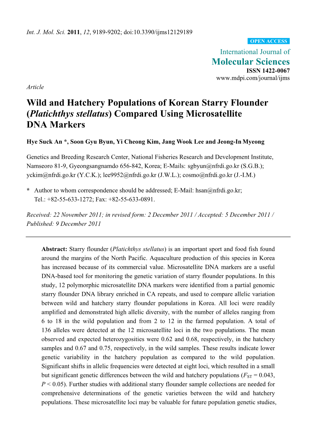 Wild and Hatchery Populations of Korean Starry Flounder (Platichthys Stellatus) Compared Using Microsatellite DNA Markers