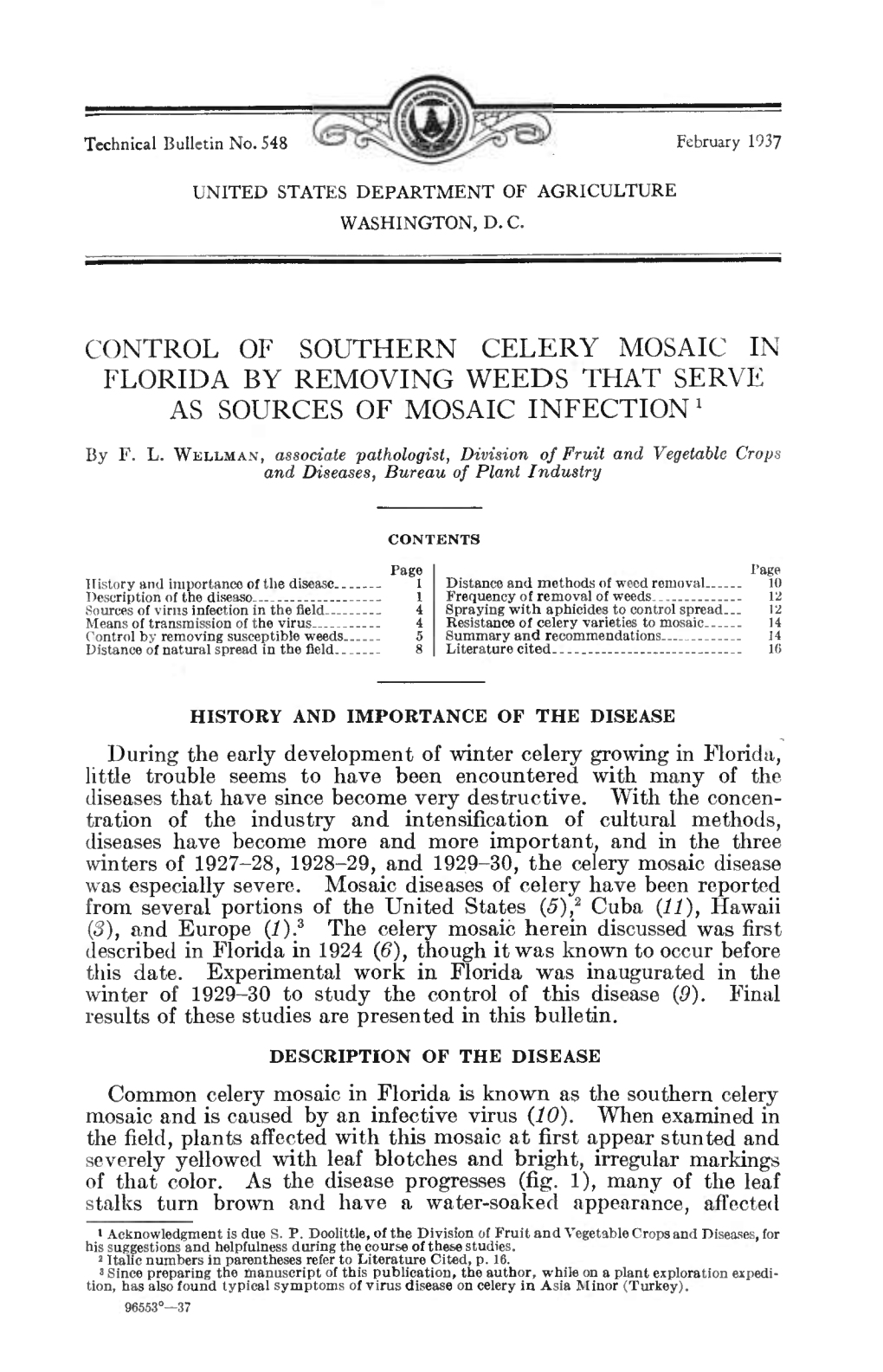 Control of Southern Celery Mosaic in Florida by Removing Weeds That Serve As Sources of Mosaic Infection '