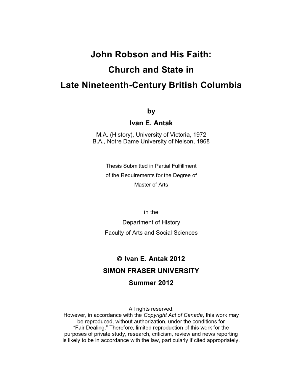 John Robson and His Faith: Church and State in Late Nineteenth-Century British Columbia