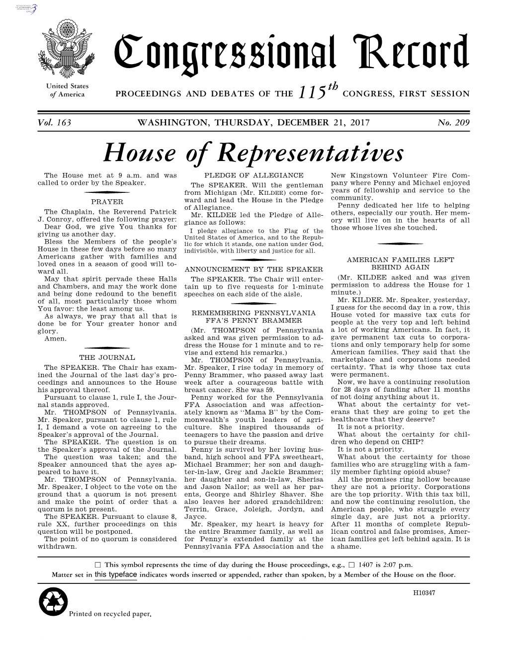 Congressional Record United States Th of America PROCEEDINGS and DEBATES of the 115 CONGRESS, FIRST SESSION