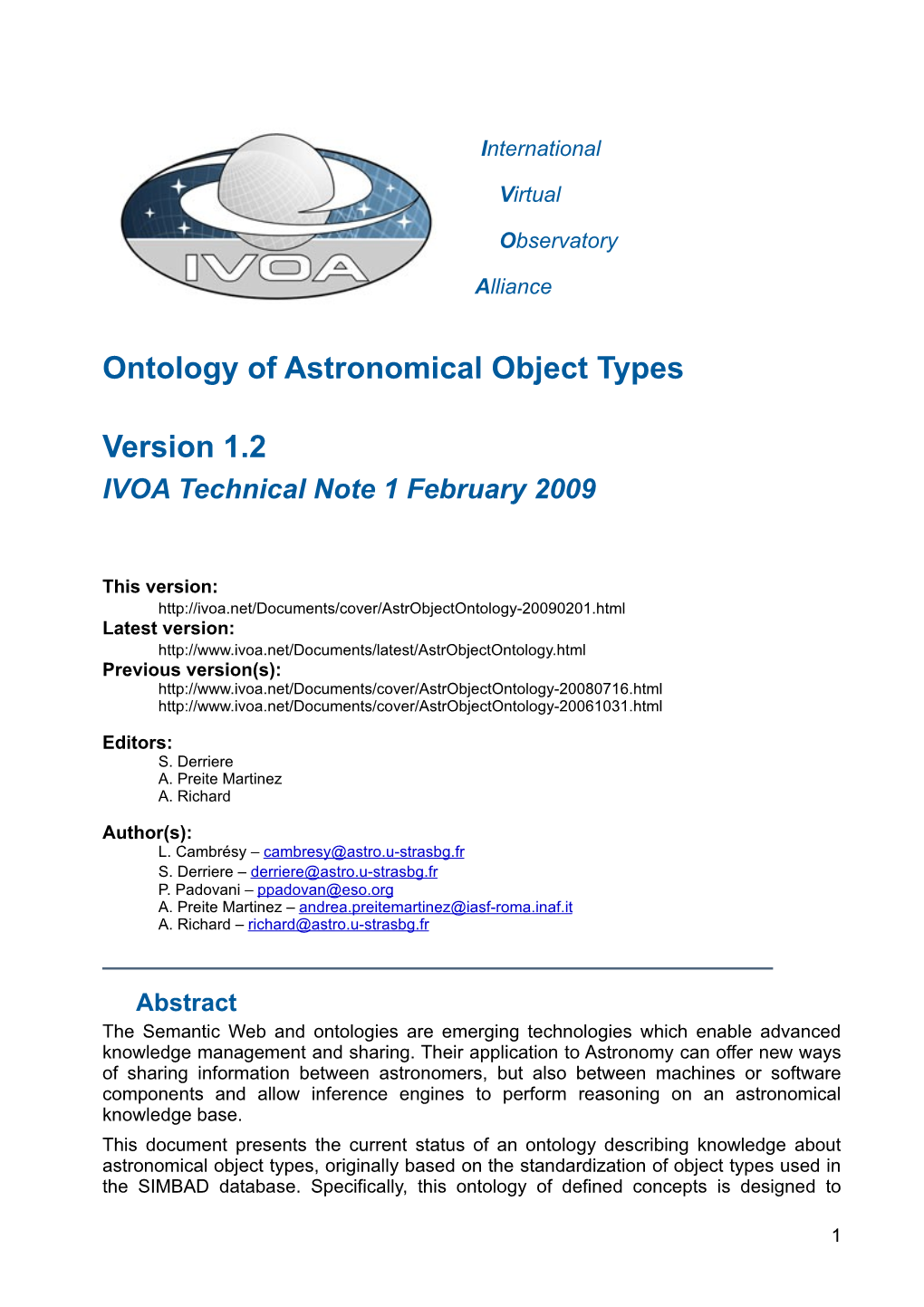 Ontology of Astronomical Object Types Version