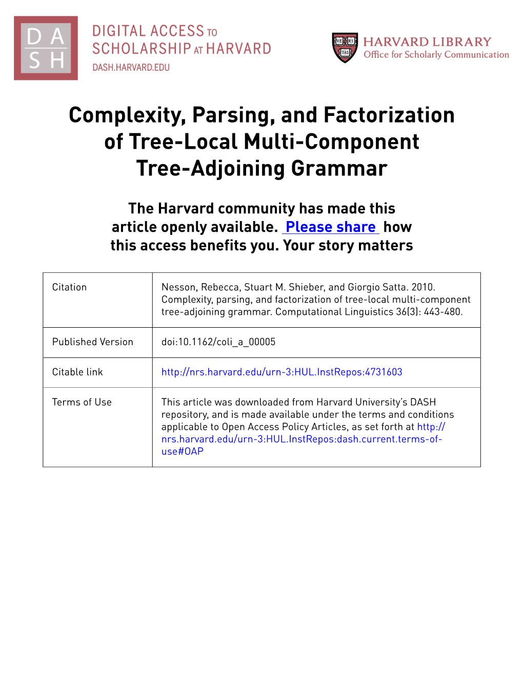 Complexity, Parsing, and Factorization of Tree-Local Multi-Component Tree-Adjoining Grammar