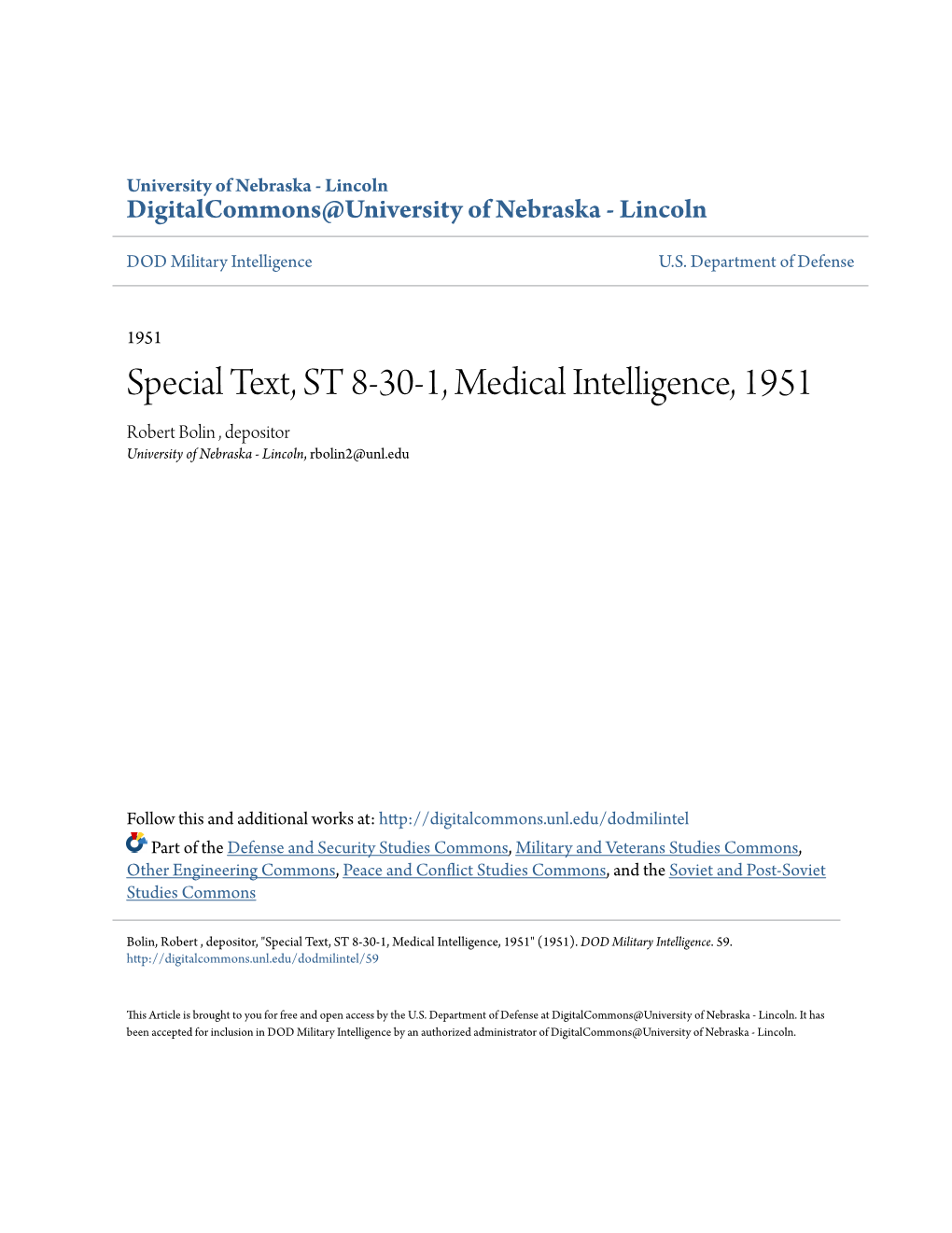 Special Text, ST 8-30-1, Medical Intelligence, 1951 Robert Bolin , Depositor University of Nebraska - Lincoln, Rbolin2@Unl.Edu