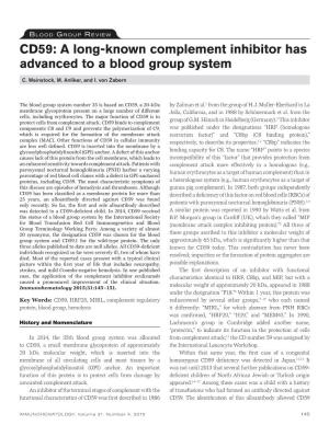 CD59: a Long-Known Complement Inhibitor Has Advanced to a Blood Group System