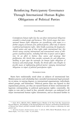 Reinforcing Participatory Governance Through International Human Rights Obligations of Political Parties