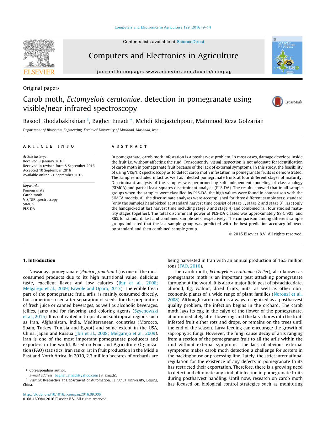 Carob Moth, Ectomyelois Ceratoniae, Detection in Pomegranate Using