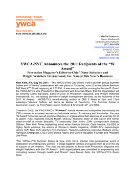 YWCA-NYC Announces the 2011 Recipients of the “W Award” Prevention Magazine’S Editor-In-Chief Diane Salvatore and Weight Watchers International, Inc