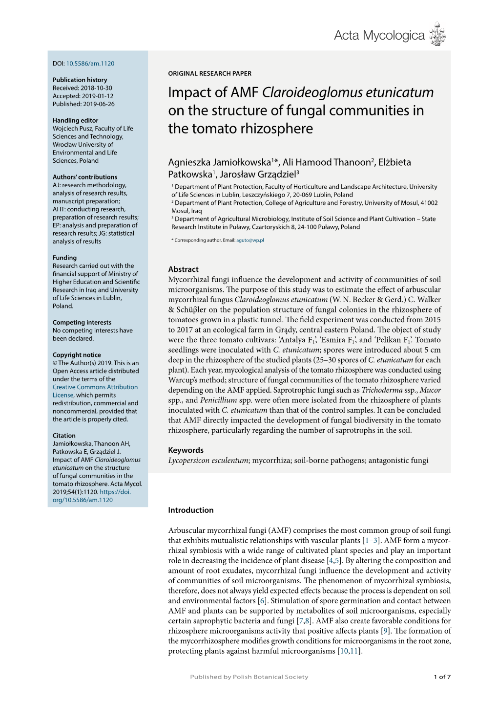 Impact of AMF Claroideoglomus Etunicatum On