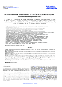 Multi-Wavelength Observations of the GRB 080319B Afterglow and the Modeling Constraints