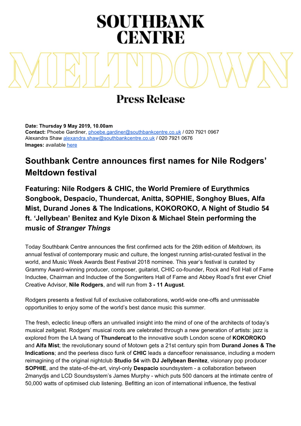 Southbank Centre Announces First Names for Nile Rodgers' Meltdown