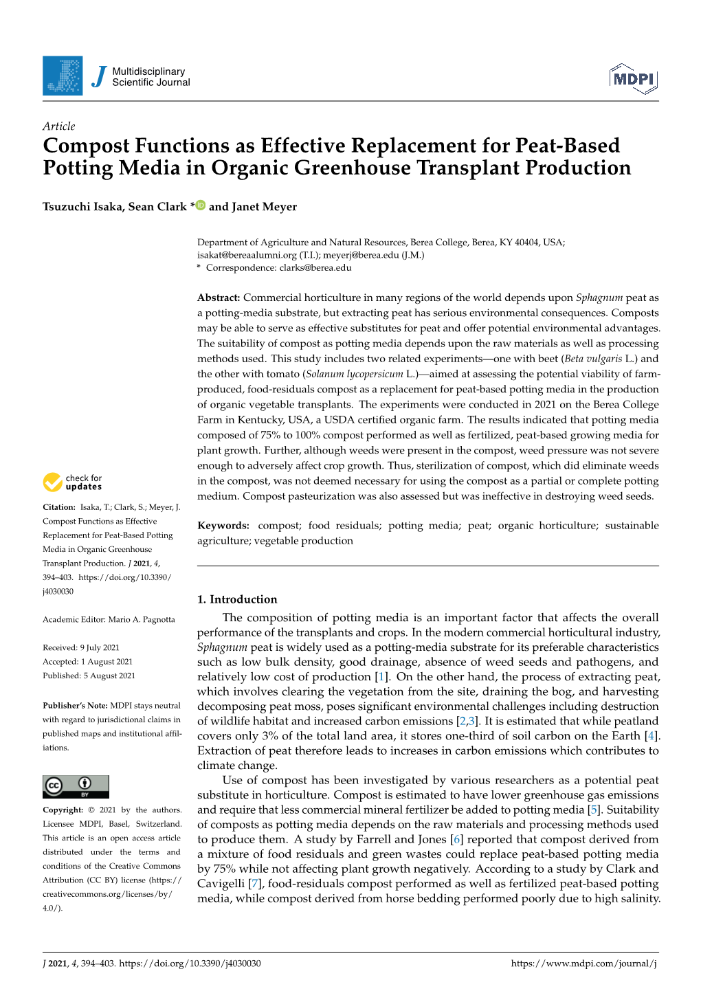 Compost Functions As Effective Replacement for Peat-Based Potting Media in Organic Greenhouse Transplant Production