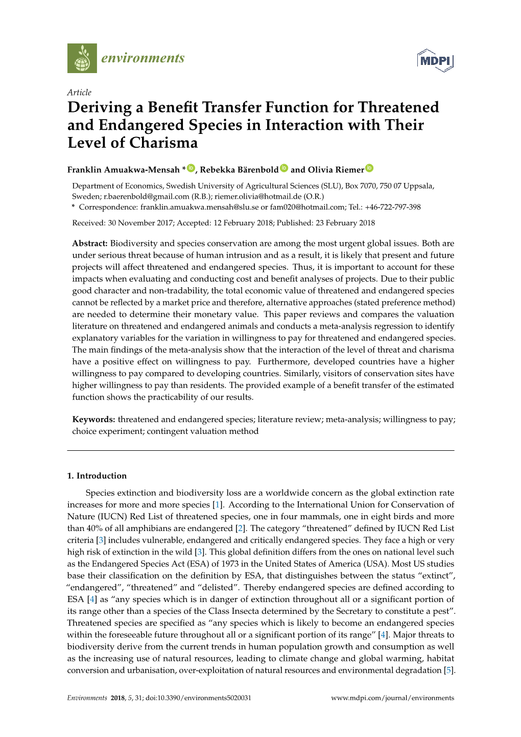 Deriving a Benefit Transfer Function for Threatened and Endangered