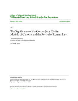 The Significance of the Corpus Juris Civilis: Matilda of Canossa and the Revival of Roman Law