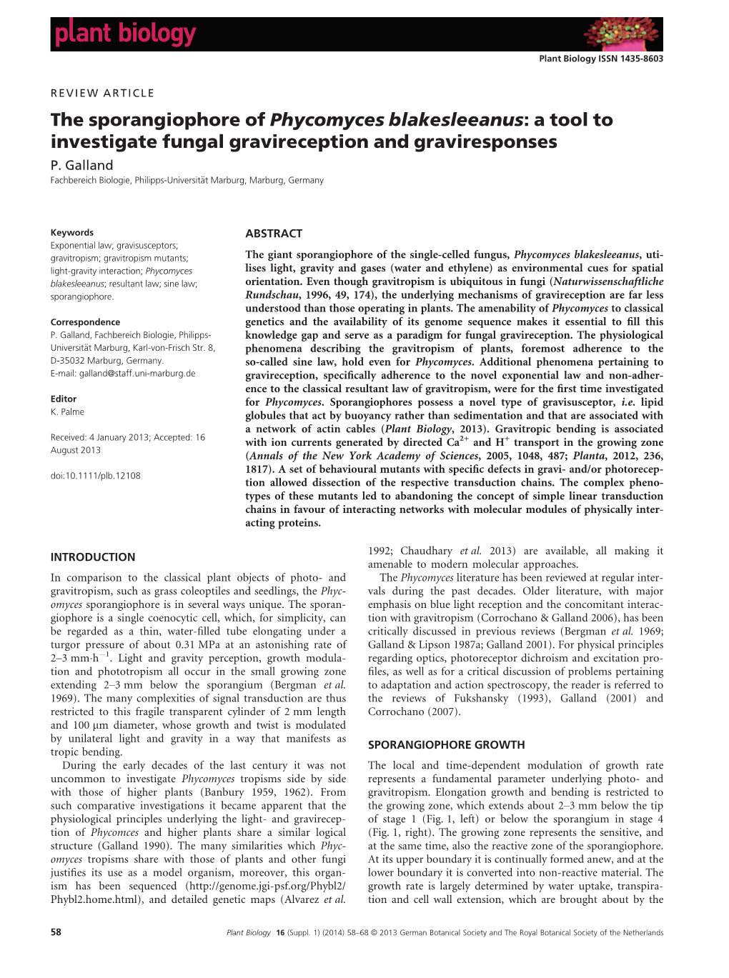 The Sporangiophore of Phycomyces Blakesleeanus: a Tool to Investigate Fungal Gravireception and Graviresponses P