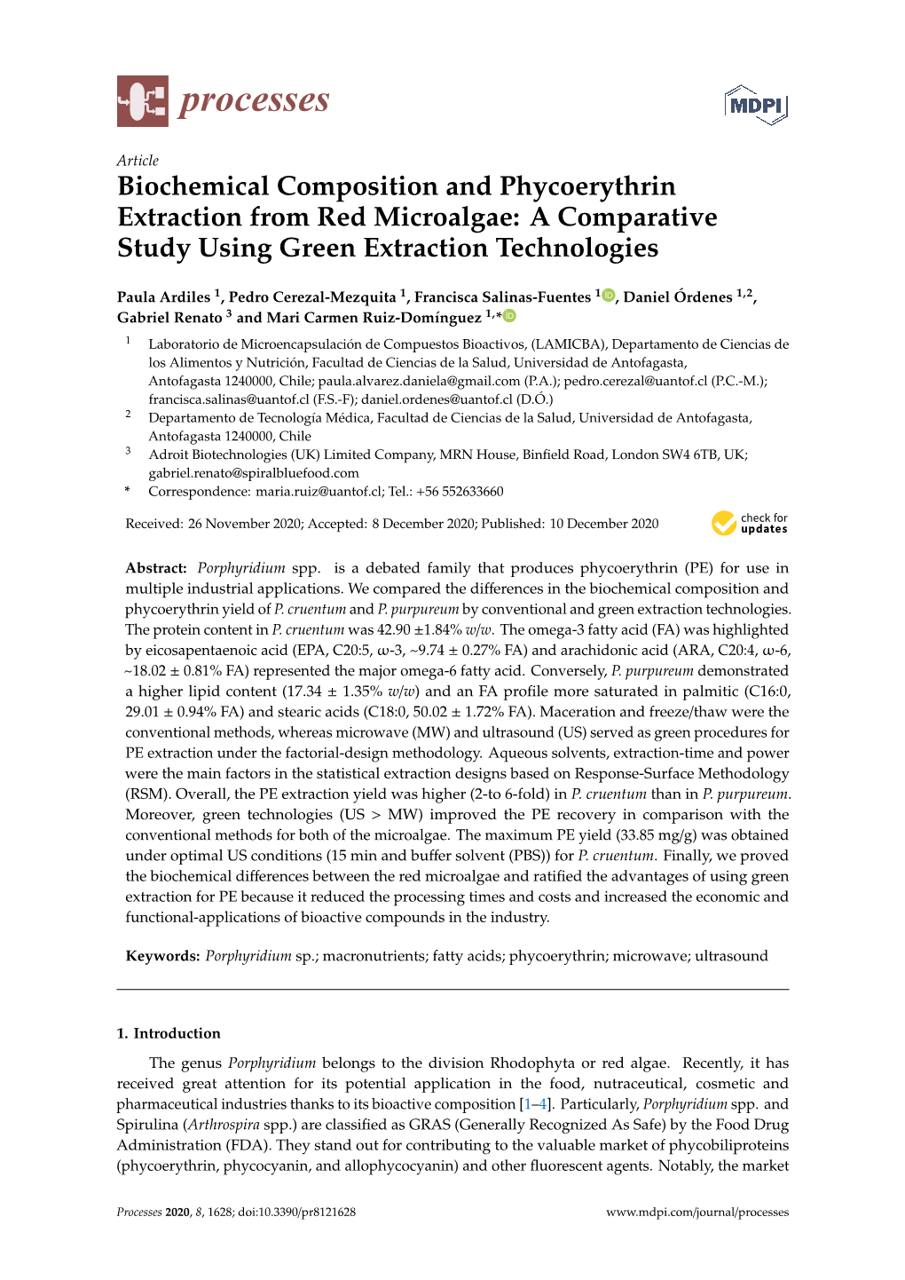 Biochemical Composition and Phycoerythrin Extraction from Red Microalgae: a Comparative Study Using Green Extraction Technologies