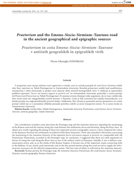 Praetorium and the Emona–Siscia–Sirmium–Tauruno Road in the Ancient Geographical and Epigraphic Sources