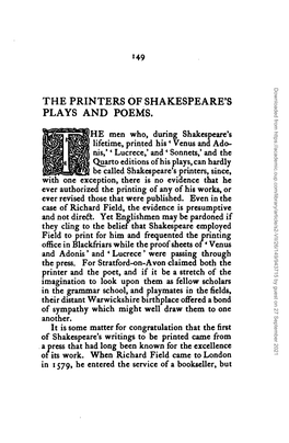 The Printers of Shakespeare's Plays and Poems