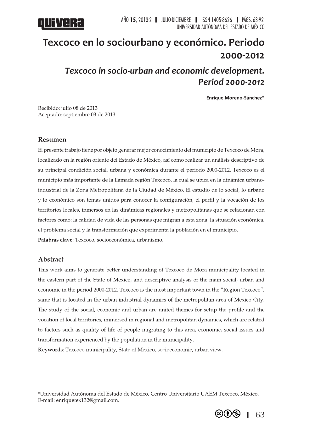Texcoco En Lo Sociourbano Y Económico. Periodo 2000-2012 Texcoco in Socio-Urban and Economic Development