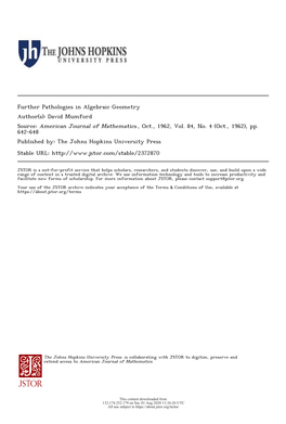 Further Pathologies in Algebraic Geometry Author(S): David Mumford Source: American Journal of Mathematics , Oct., 1962, Vol