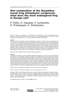 Diet Composition of the Karpathos Marsh Frog (Pelophylax Cerigensis): What Does the Most Endangered Frog in Europe Eat?