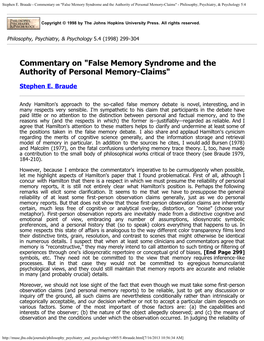 False Memory Syndrome and the Authority of Personal Memory-Claims" - Philosophy, Psychiatry, & Psychology 5:4